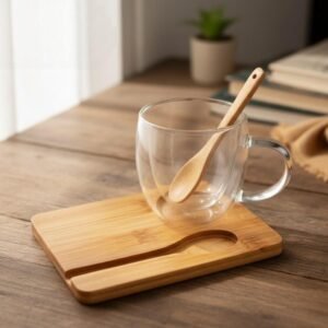 JUEGO DE TAZA CON CUCHARA Y BASE DE BAMBÚ