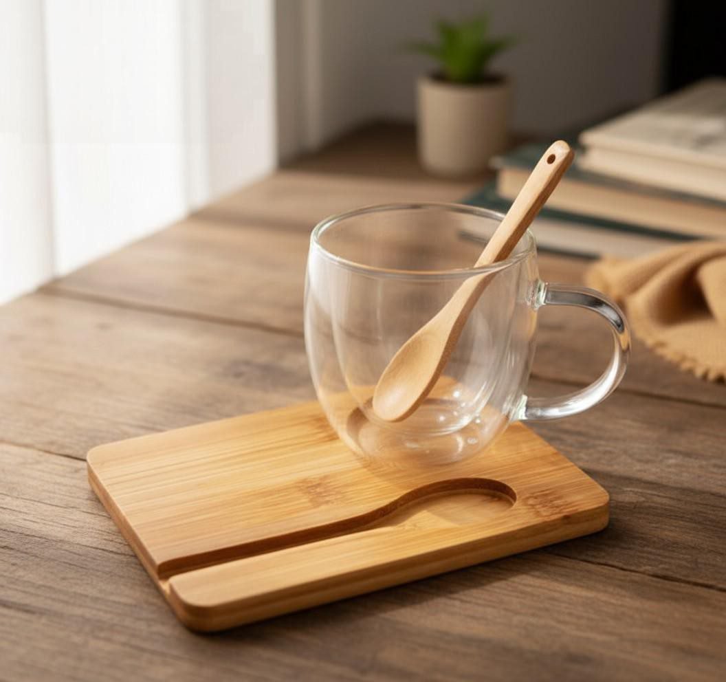 JUEGO DE TAZA CON CUCHARA Y BASE DE BAMBÚ